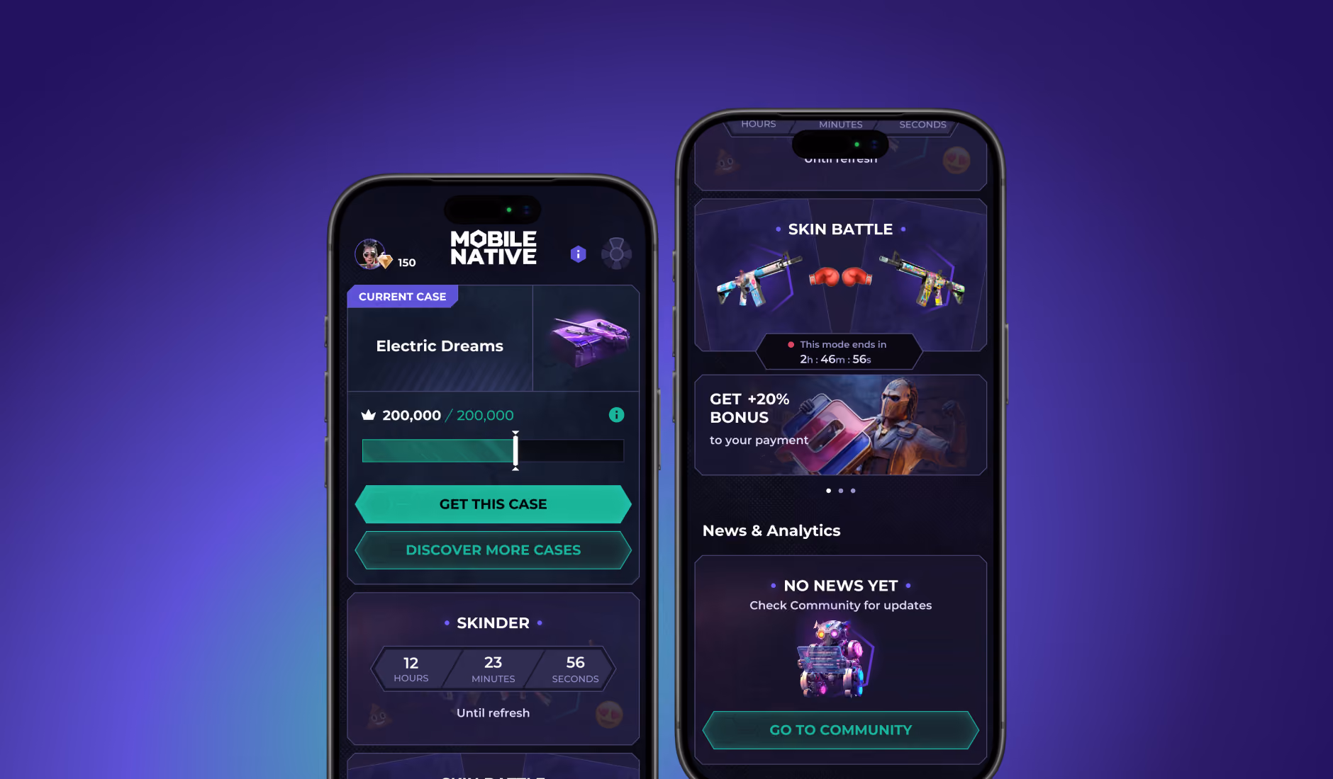 Mobile Native app screens on two phone mockups — CS2 companion app with case progress, Skinder countdown, Skin Battle mode and news feed