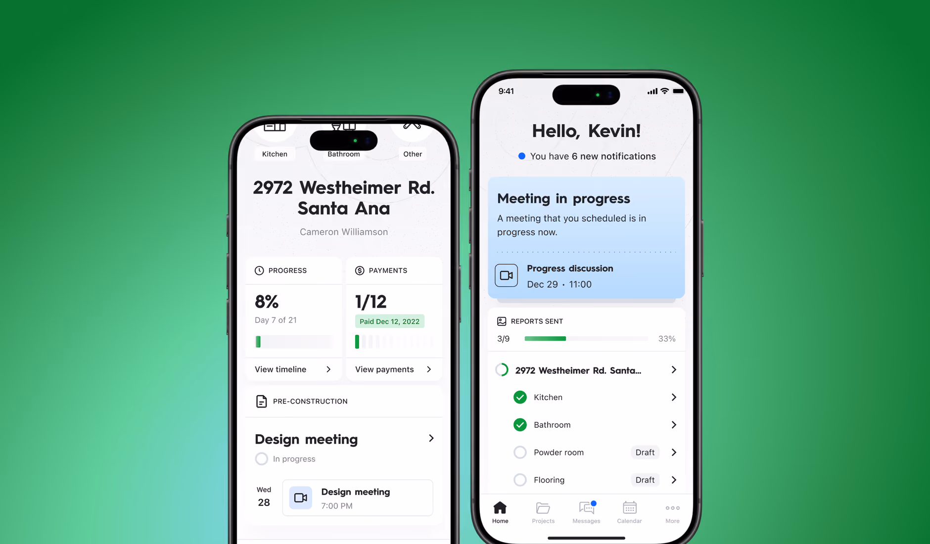 Welcome Renovation app screens on two phone mockups — home renovation tracker with project progress, payment schedule, meeting notifications and room-by-room reports