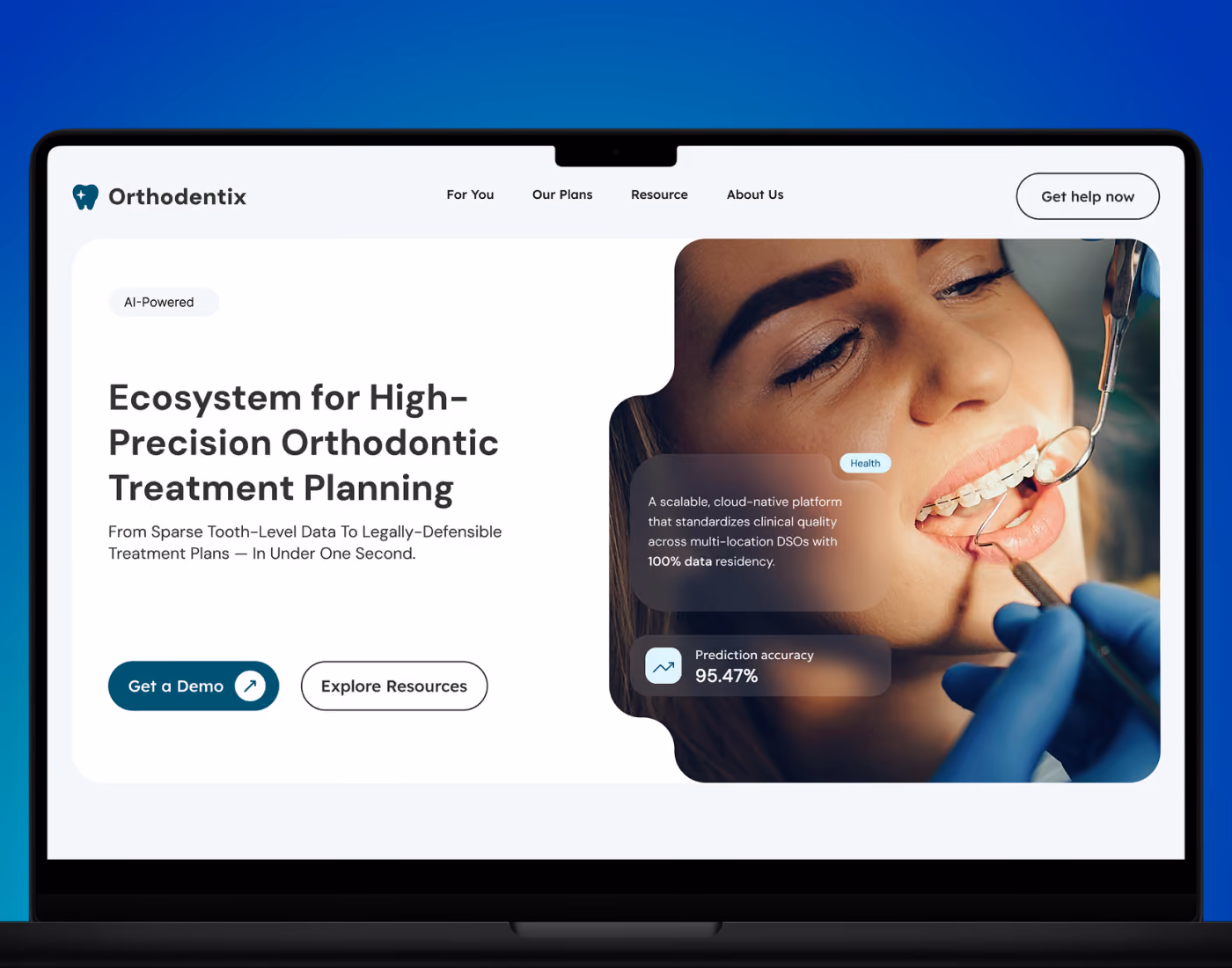 Orthodentix homepage hero on a laptop mockup — AI-powered orthodontic treatment planning platform with patient photo and prediction accuracy stats