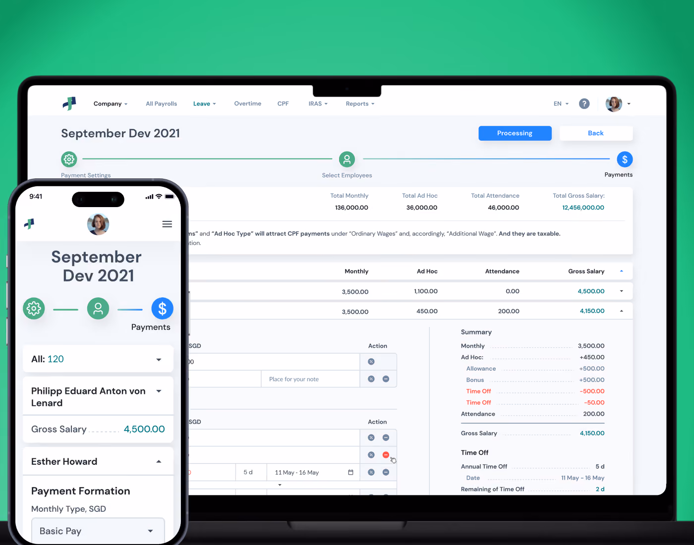 Payroll SaaS dashboard on laptop and mobile mockups — payment processing flow with employee salary breakdown, summary and time off tracking