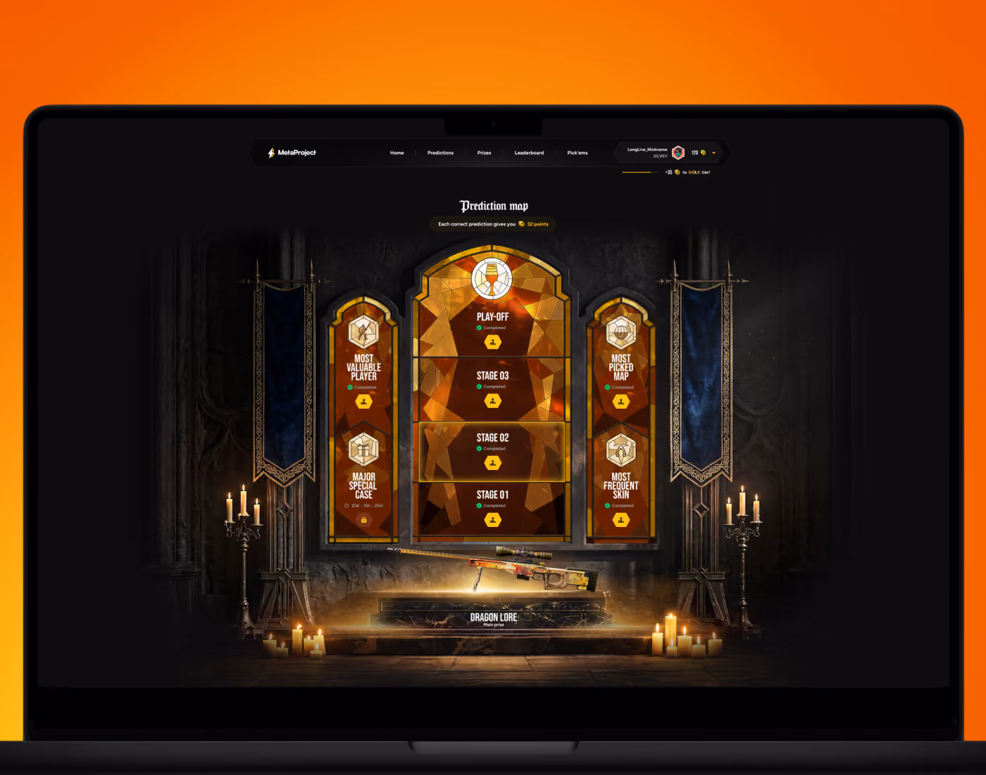 MetaProject Pickem prediction map on a laptop mockup — gothic cathedral-style CS2 tournament interface with stained glass stages and Dragon Lore main prize