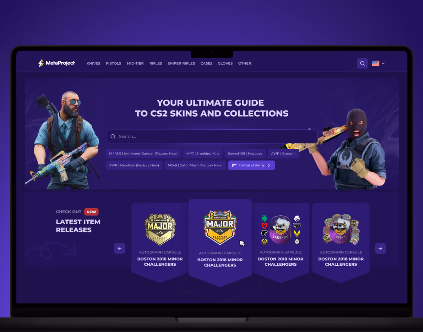 MetaProject Wiki homepage on a laptop mockup — CS2 skins and collections guide with search bar, item categories and latest releases carousel