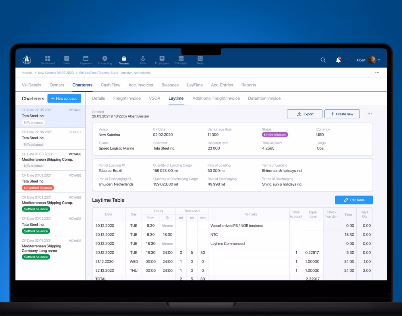 Speed Logistics Marine dashboard on a laptop mockup — maritime shipping platform with charterer contracts list, vessel laytime details and calculation table