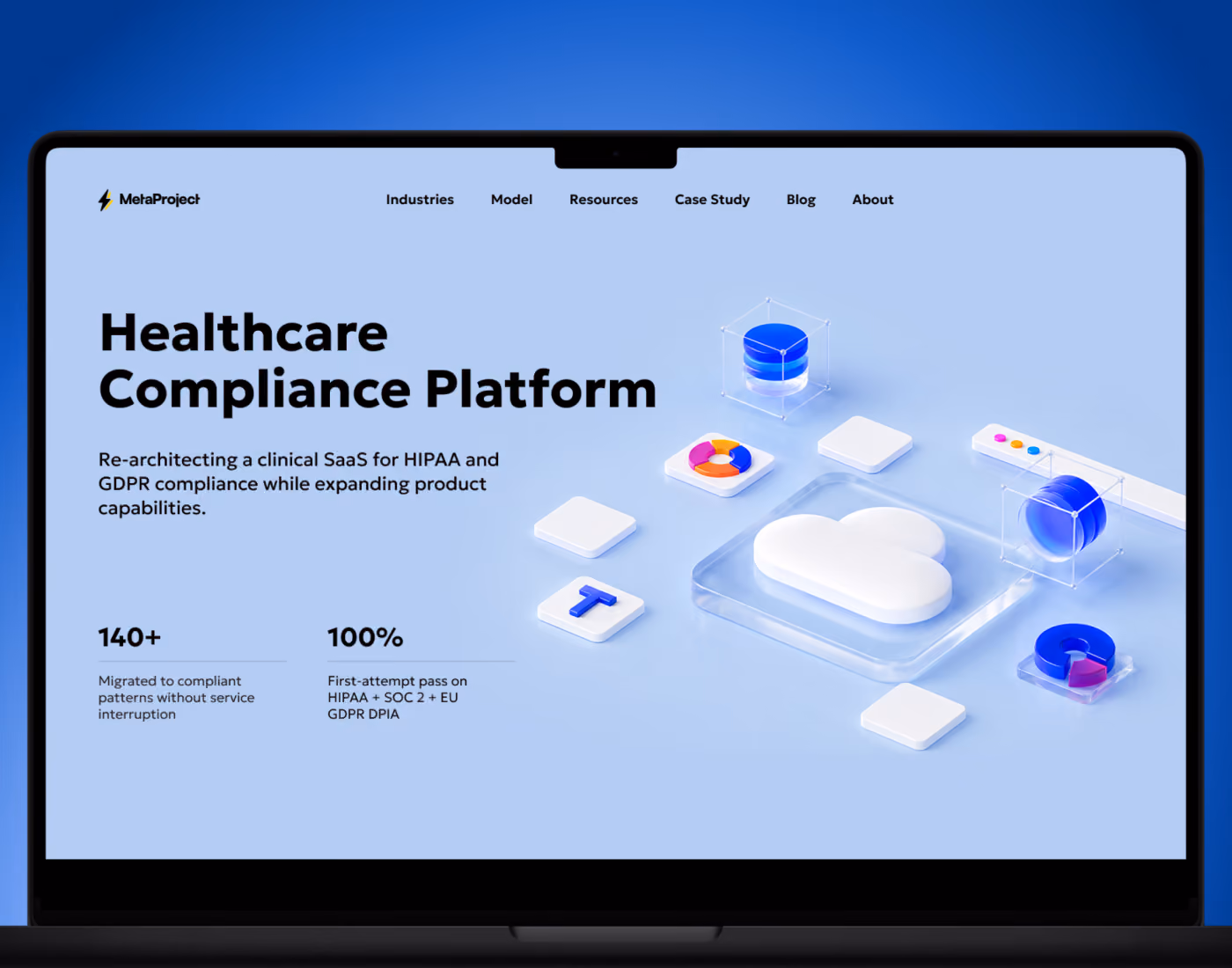 MetaProject case study page on a laptop mockup — "Healthcare Compliance Platform" hero with HIPAA and GDPR migration metrics and 3D cloud illustration