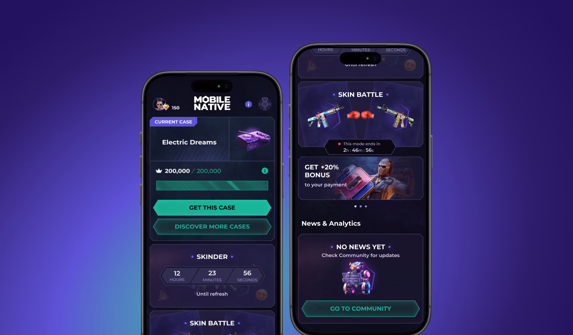 Mobile Native app screens on two phone mockups — CS2 companion app with case progress, Skinder countdown, Skin Battle mode and news feed