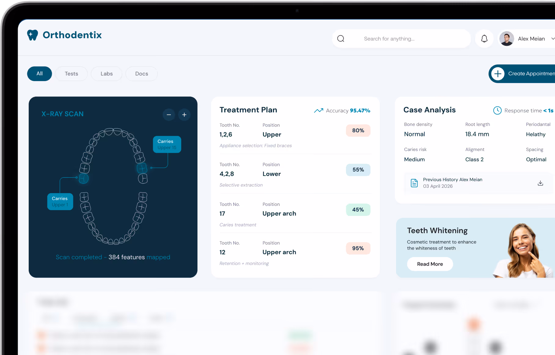 Orthodentix dashboard with a dental X-ray marked for caries, a tooth-by-tooth treatment plan and case analysis
