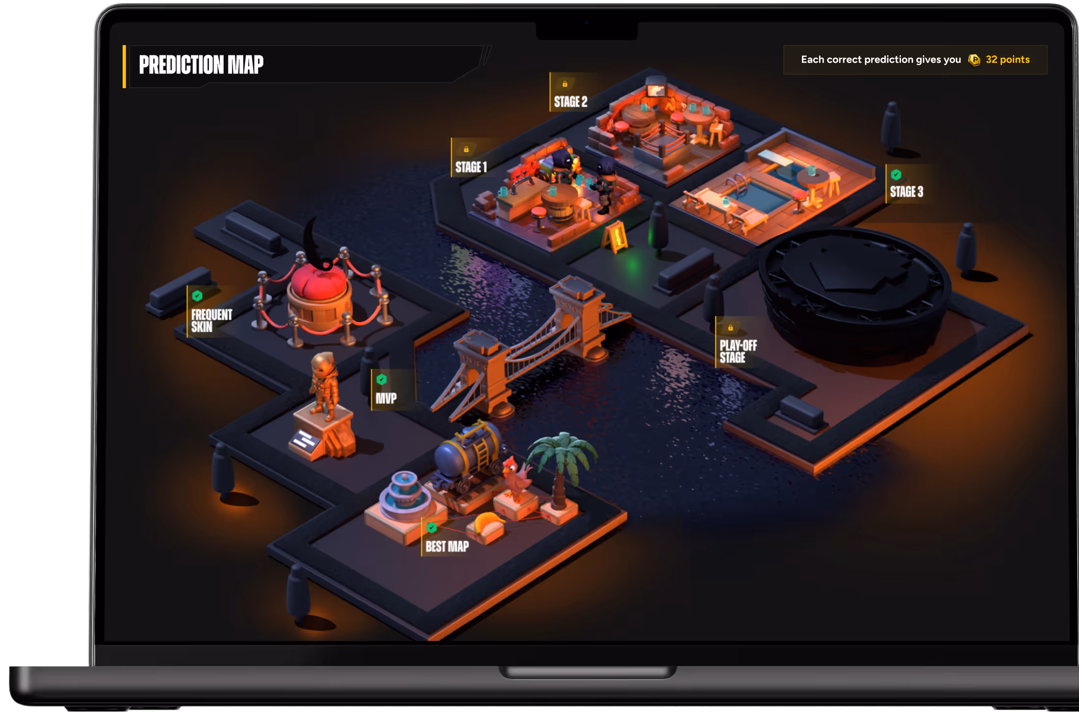 Pickem prediction map on a laptop with locked and unlocked tournament stages