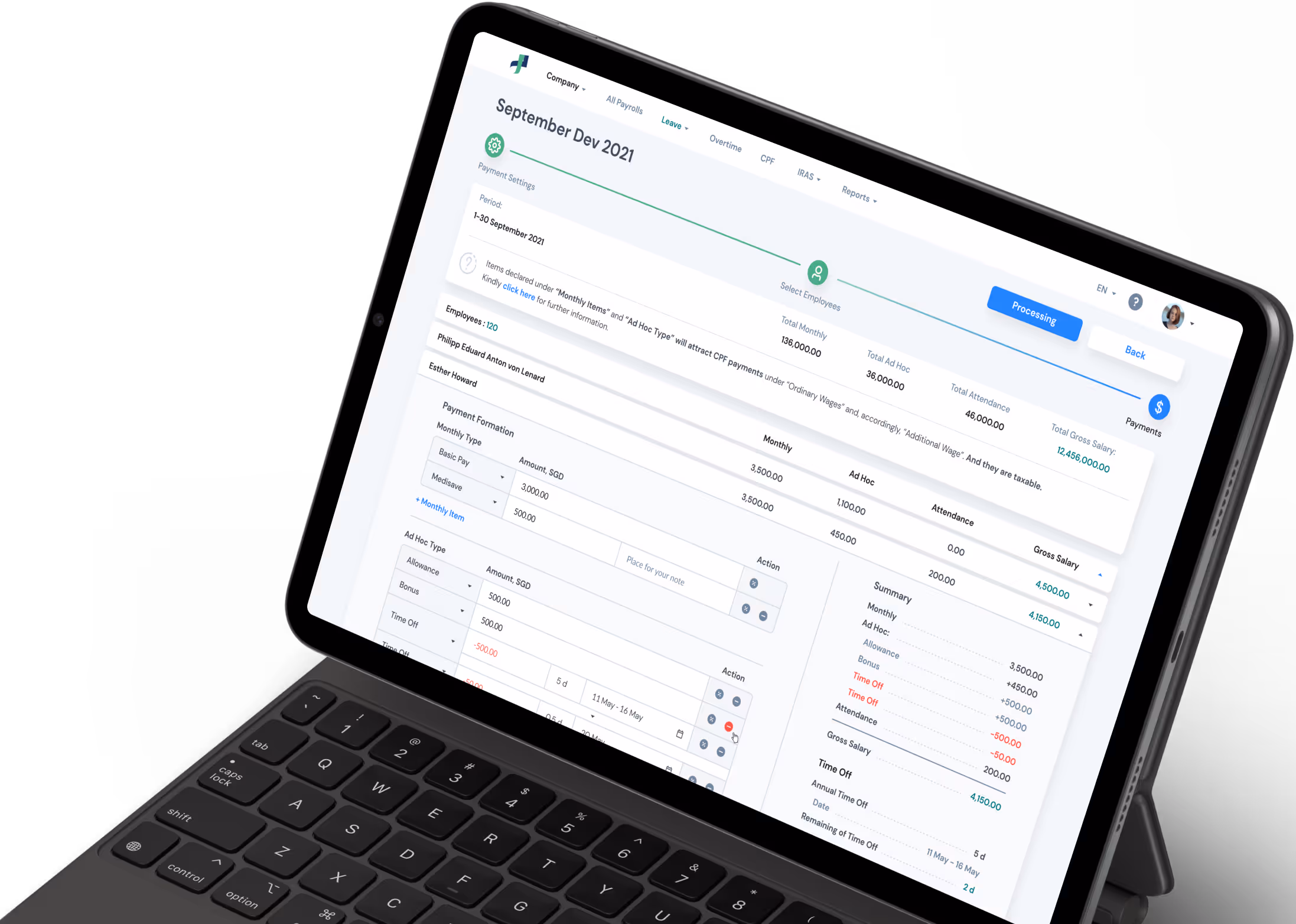Payroll screen on a tablet with employee payment settings, monthly pay, ad hoc pay types and a salary summary