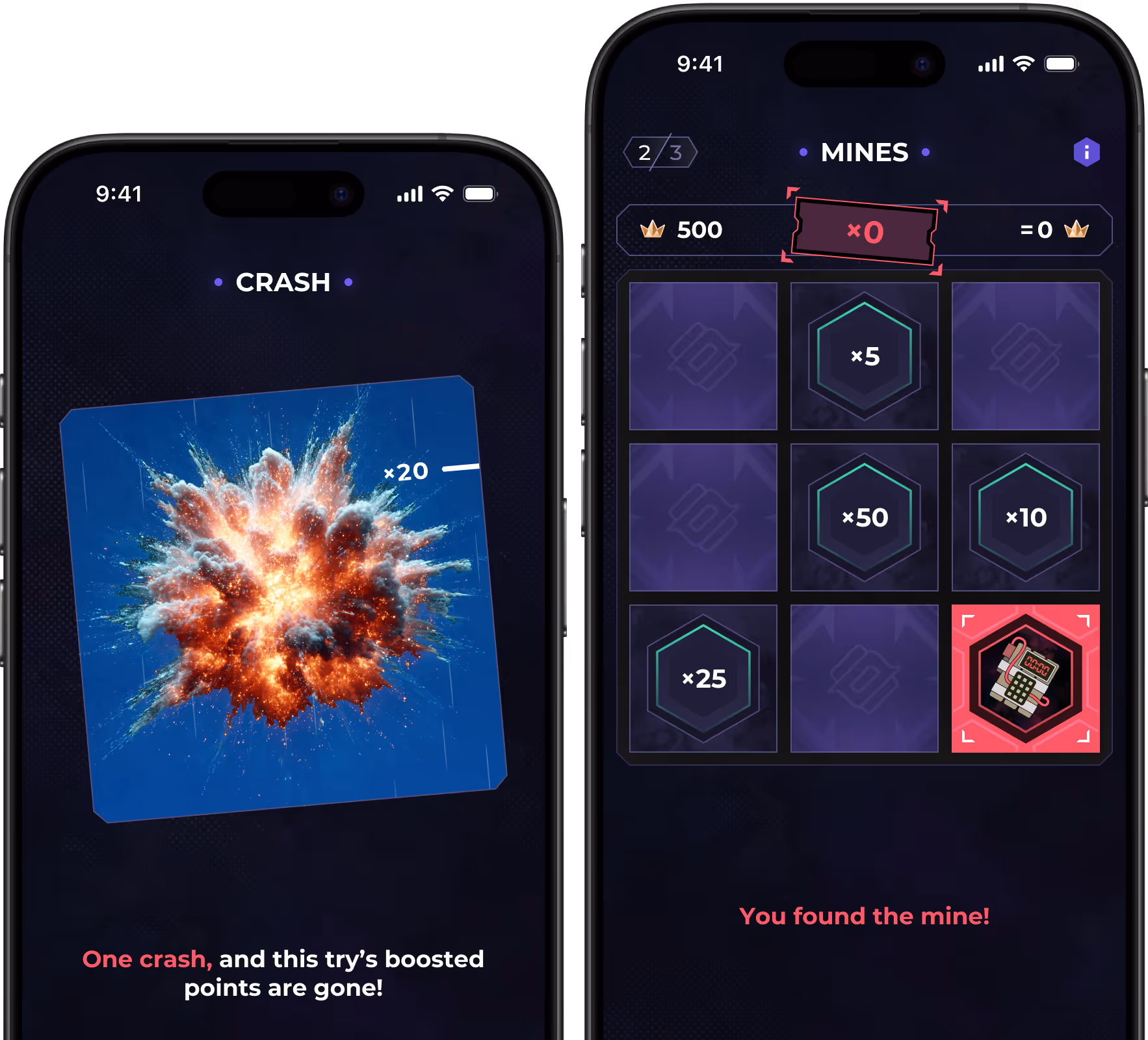 Two phones showing the Crash and Mines boost games where users multiply soft-currency points