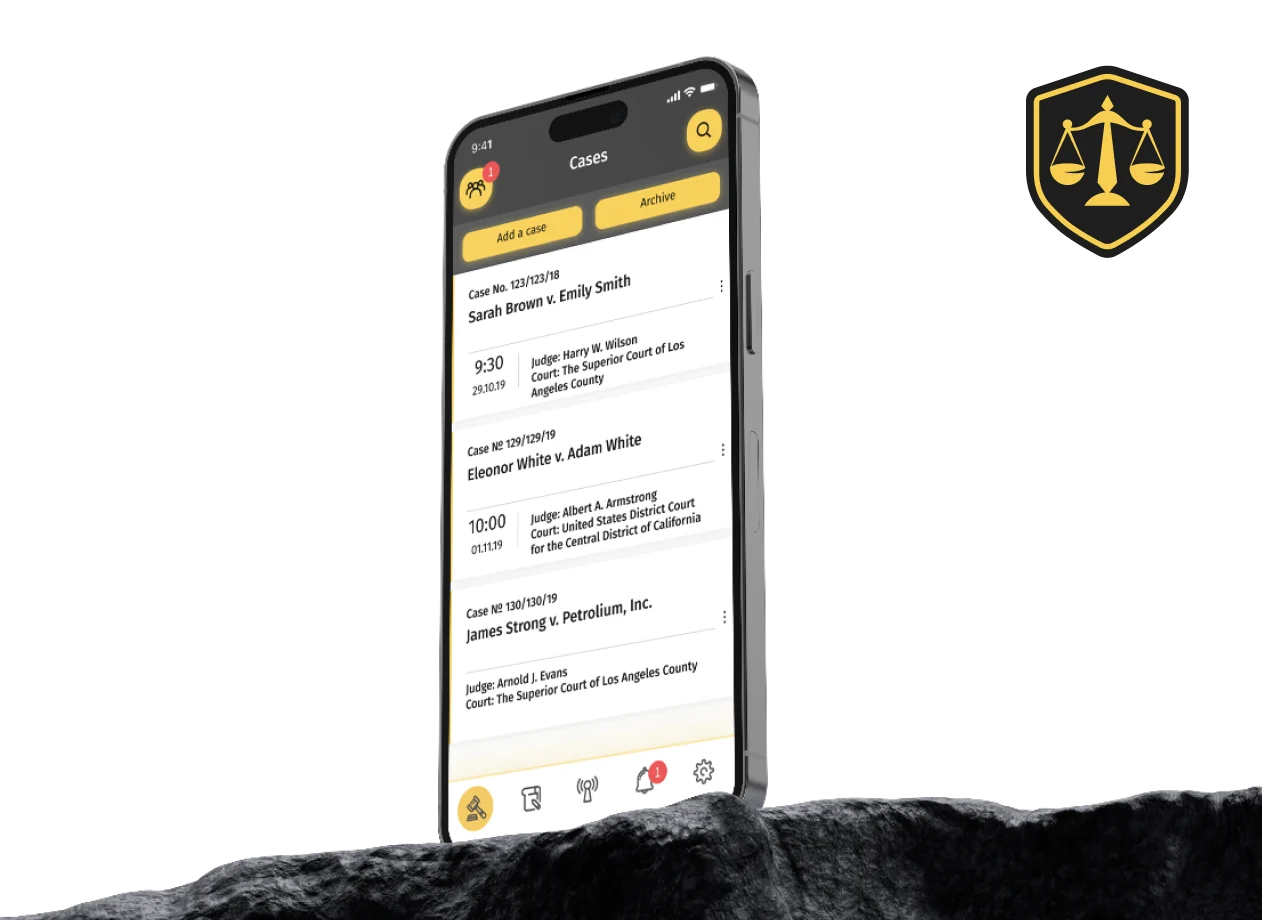 Phone showing a list of court cases with hearing times, judges and courts