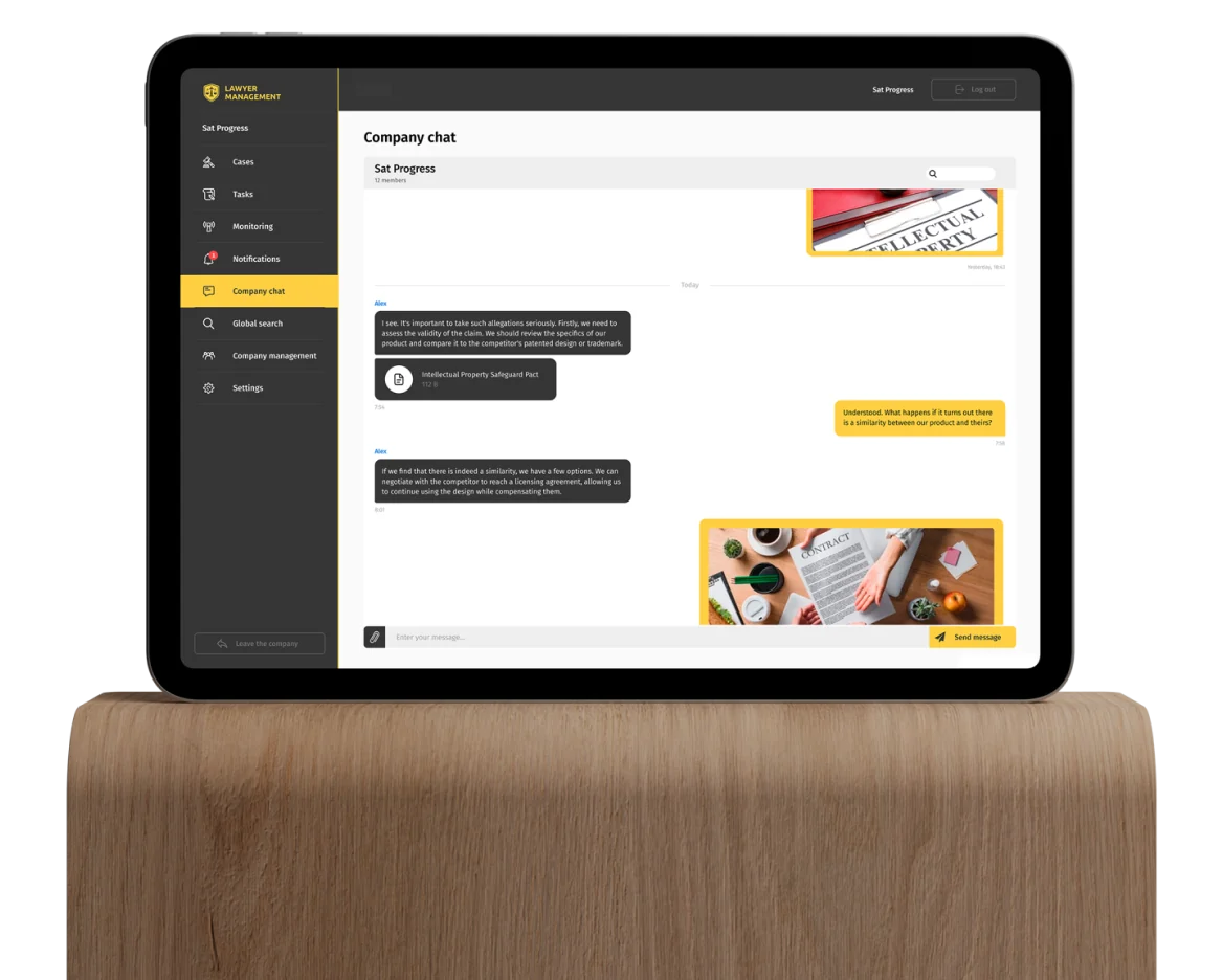 Tablet showing a law firm's company chat with shared documents