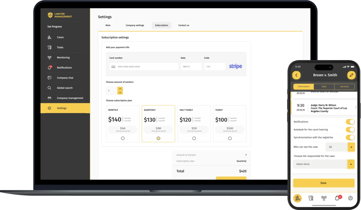 Law firm management platform on a laptop and a phone: subscription settings and a case with hearing notifications