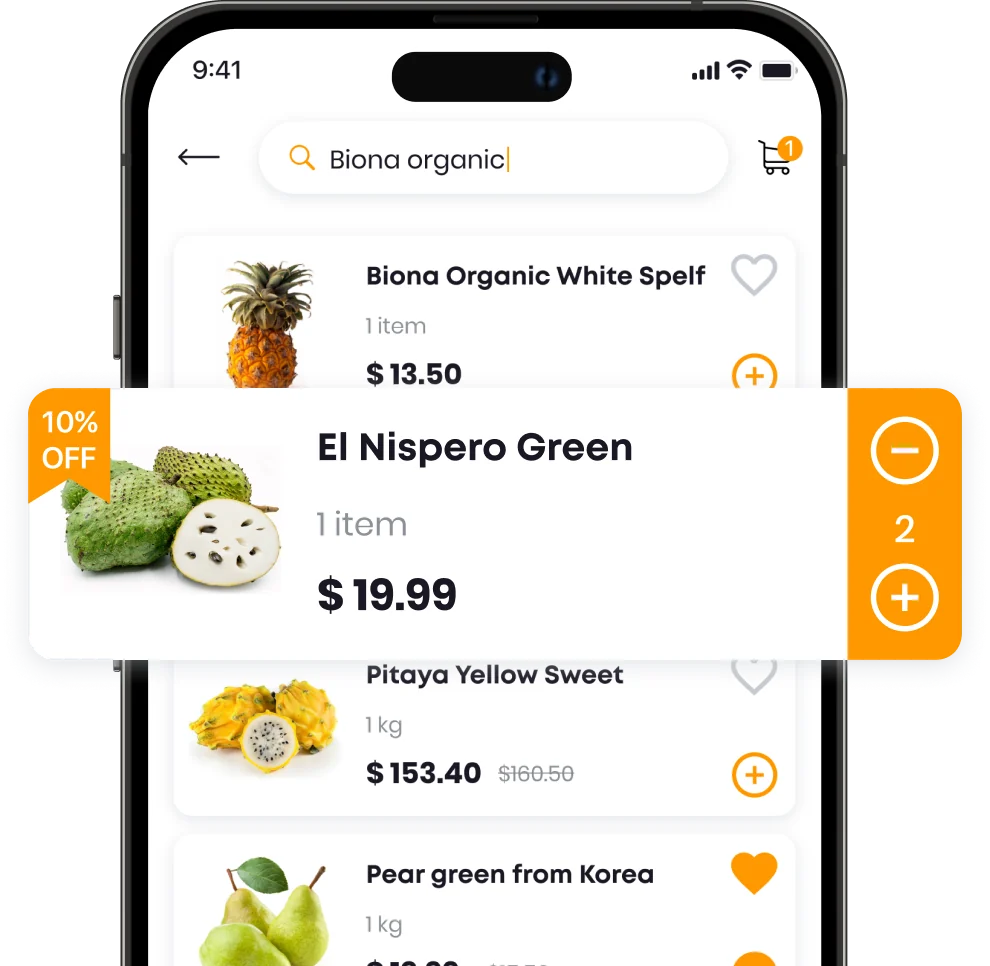 Grocery delivery app on a phone: product search, prices and a discounted item added to the cart