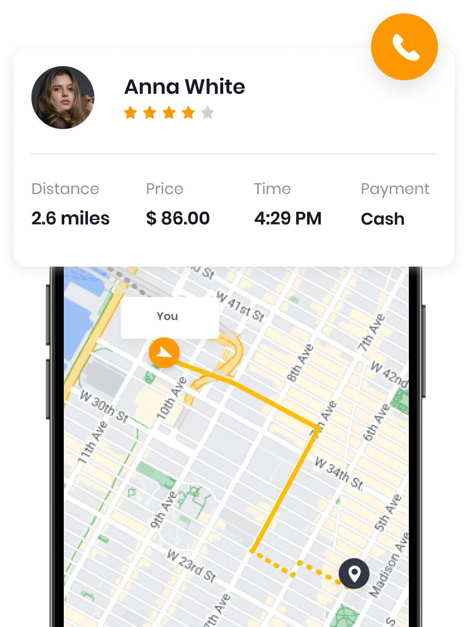 Courier app with the customer's rating, distance, price and a route on a city map