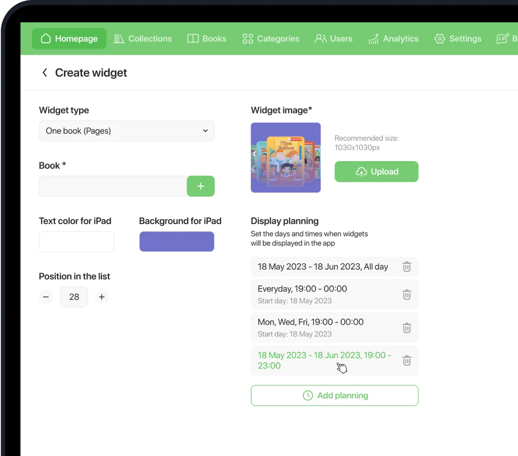 Admin screen for creating a home screen widget with display dates and times
