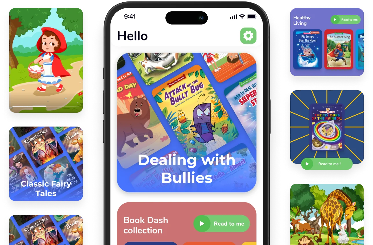 Children's reading app on a phone with illustrated book collections around it
