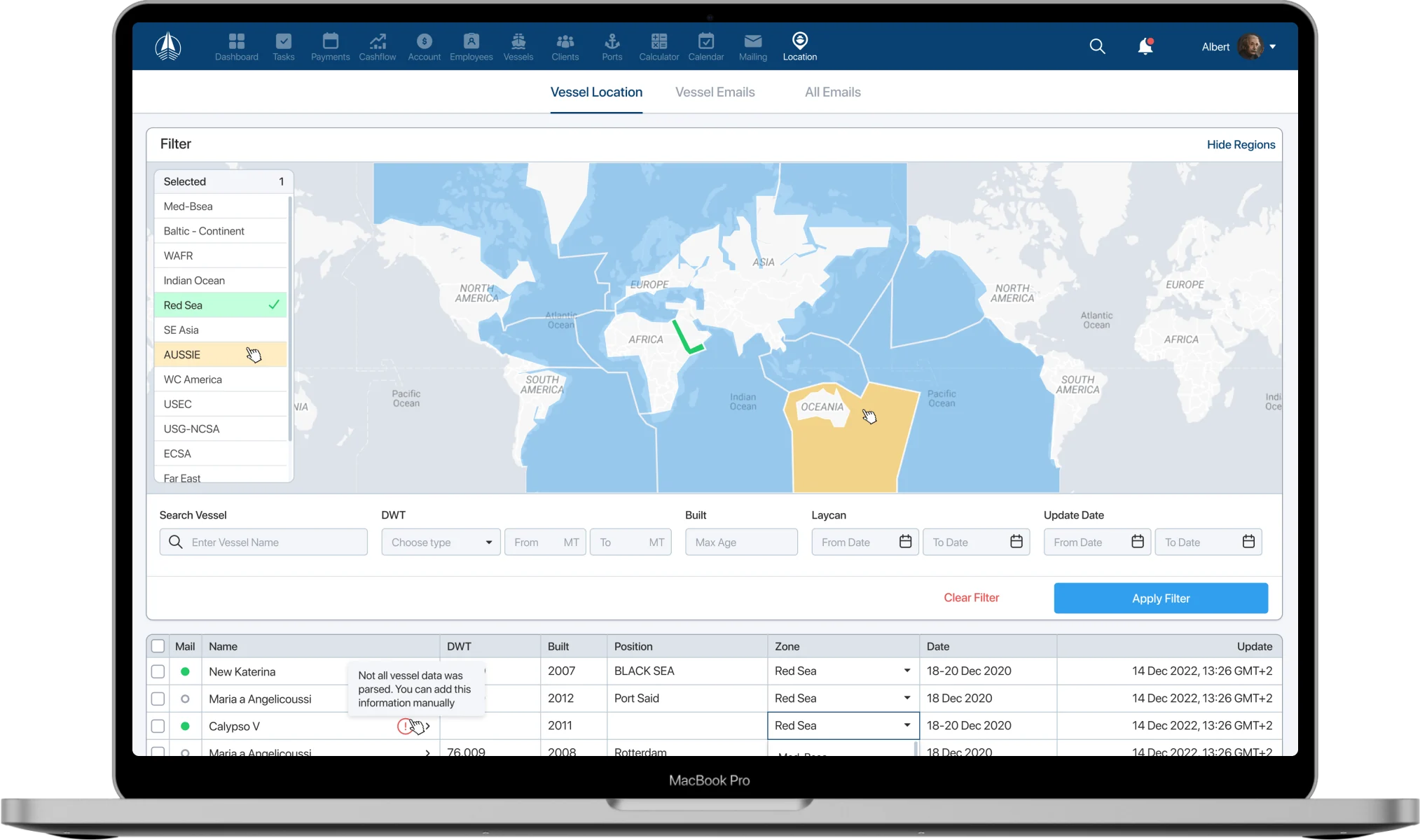 SLM vessel location screen: world map of shipping zones with a region selected and a table of vessels parsed from emails