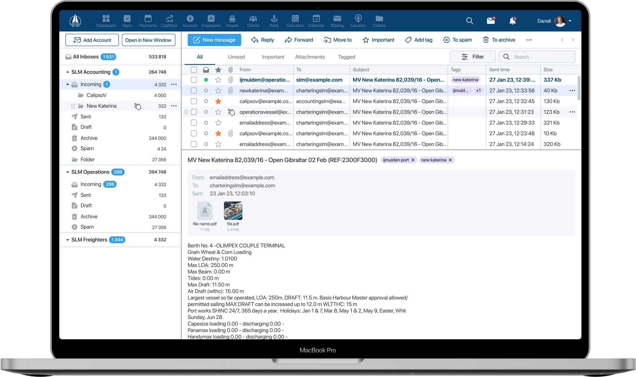 Shared inbox inside the SLM ERP with vessel position emails, tags and folders across several accounts