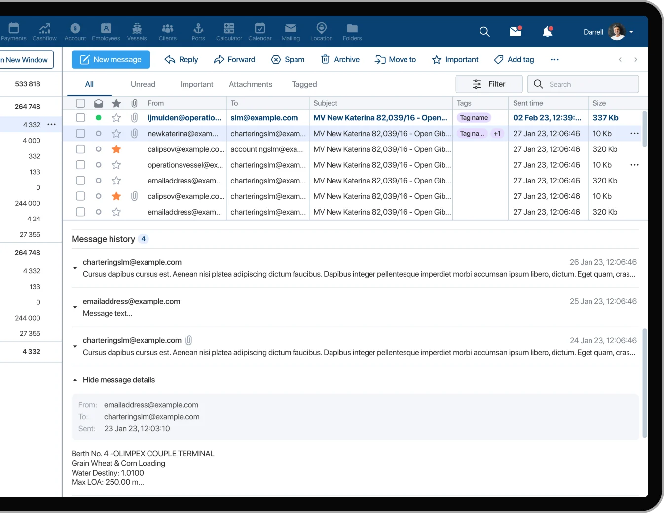 Email thread with vessel particulars and berth details, next to the message history