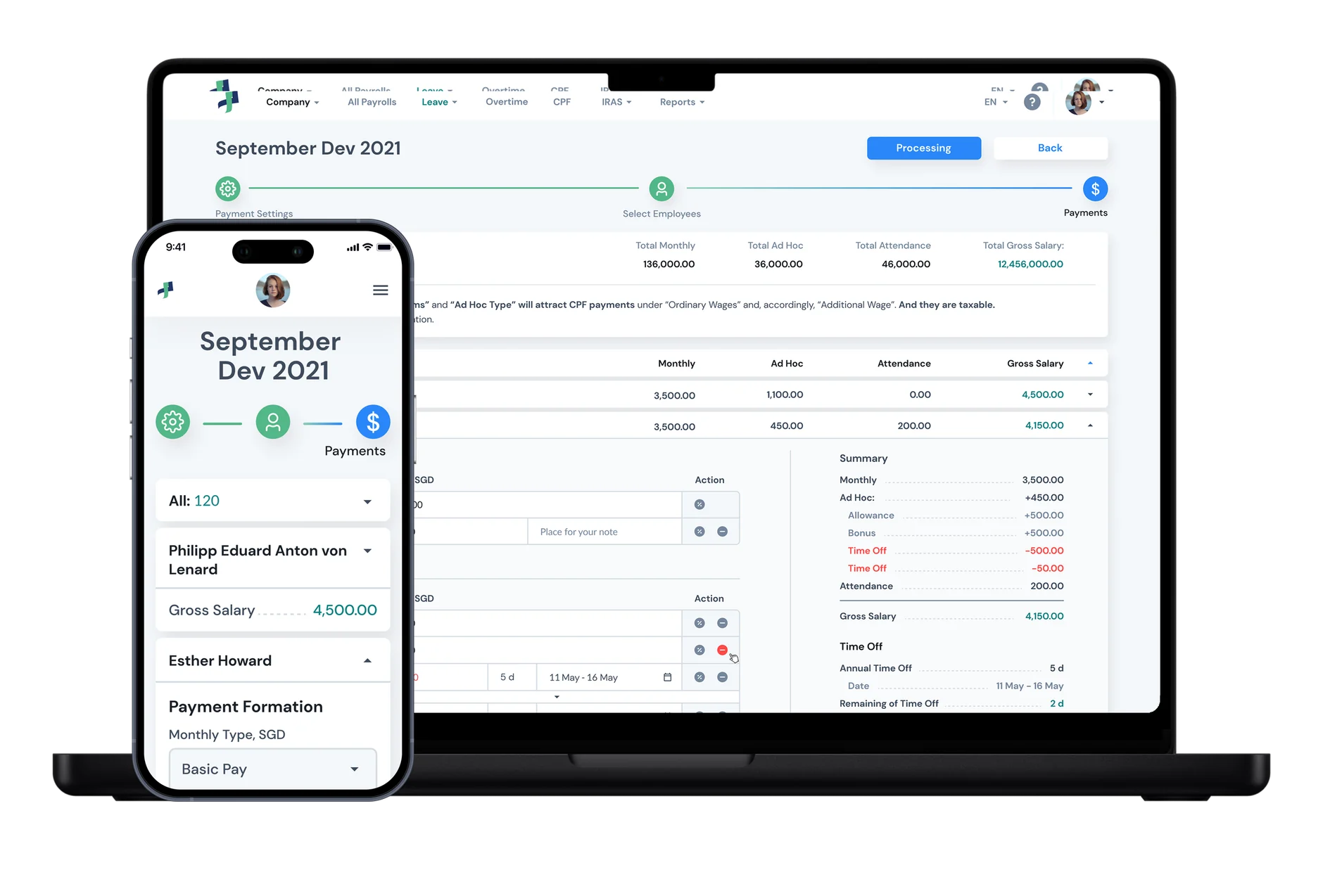 Payroll and HR SaaS on a laptop and a phone: monthly payroll run and an employee payslip
