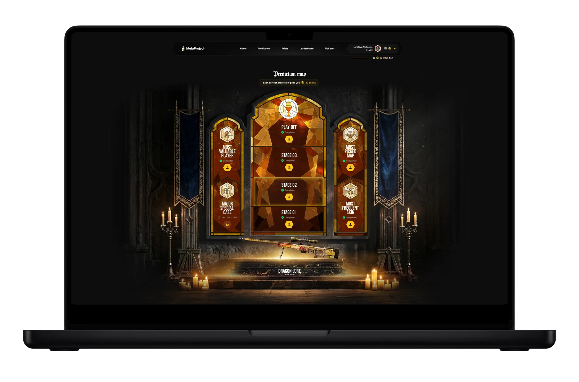 Esports tournament prediction platform on a laptop: event predictions and a live leaderboard