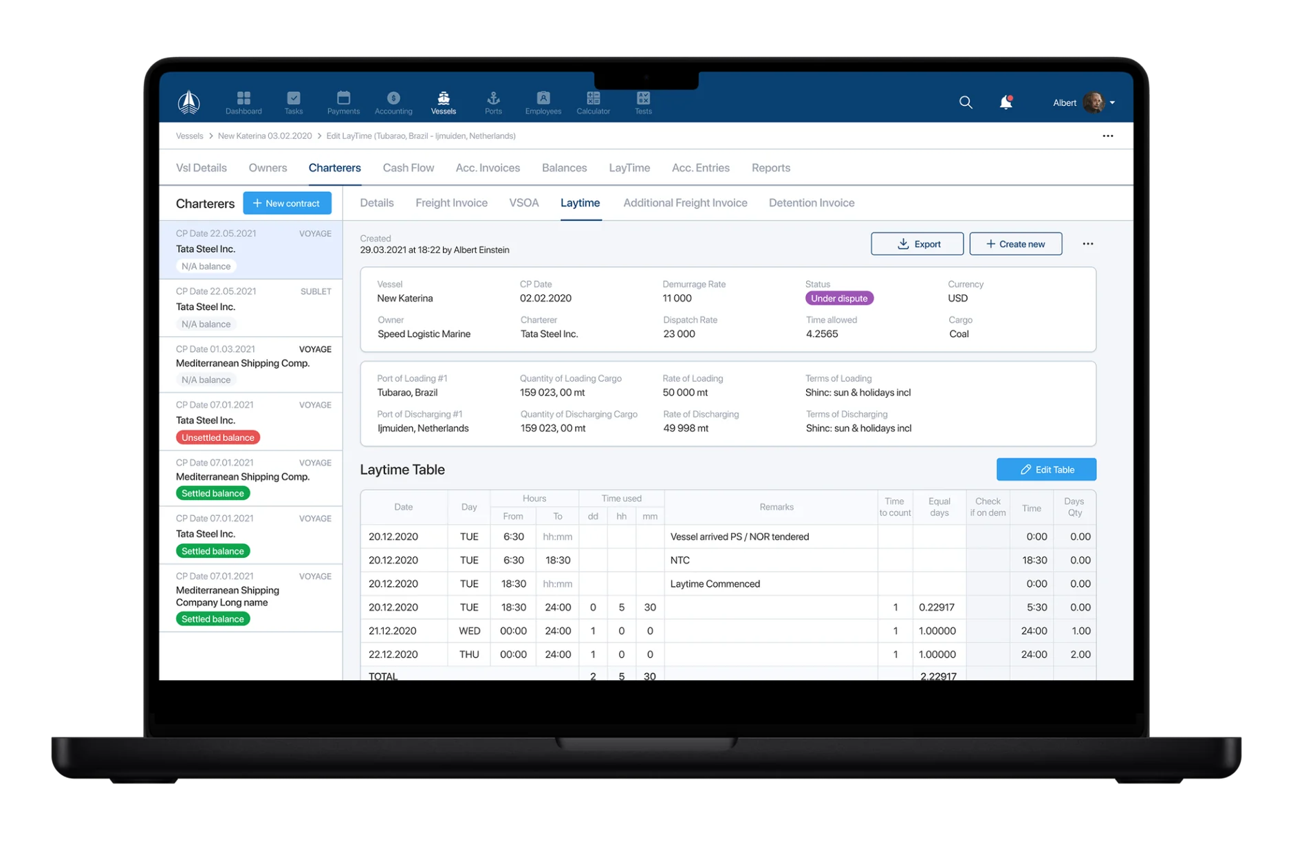 Speed Logistics Marine platform on a laptop: charterer contracts, vessel laytime details and calculation table