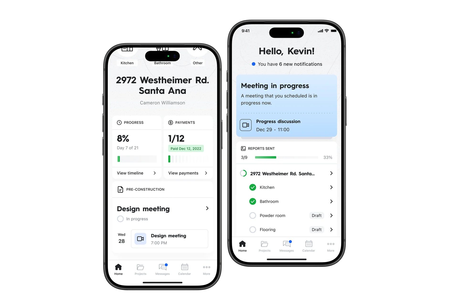 Welcome Renovation homeowner app on two phones: project progress, payments and an upcoming design meeting
