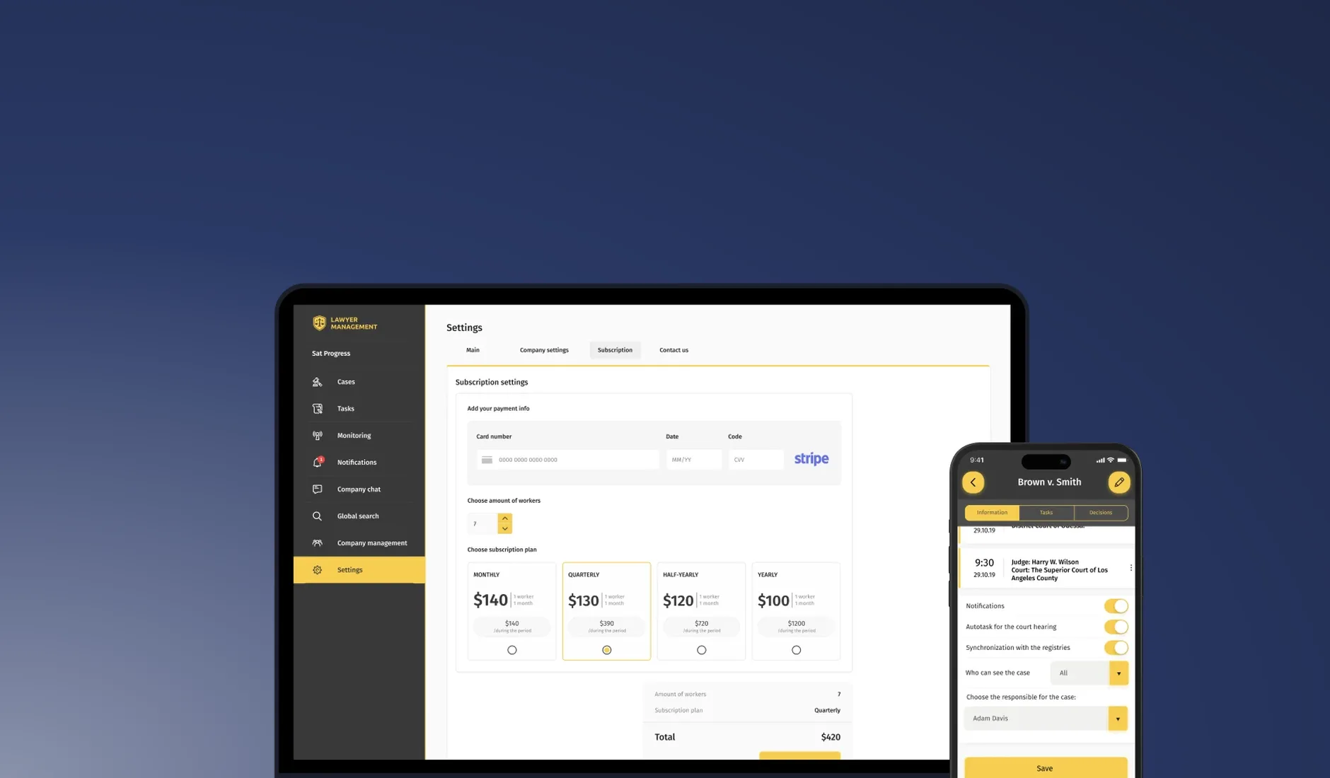 Law firm management platform on a laptop and a phone