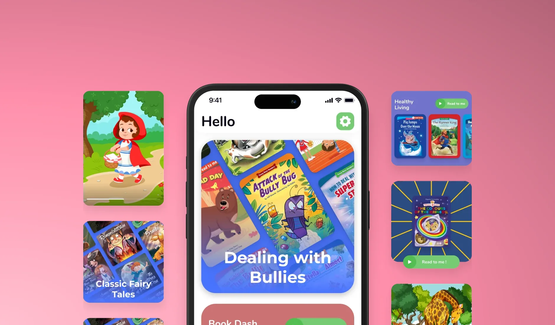 Children's reading app on a phone with illustrated book collections around it