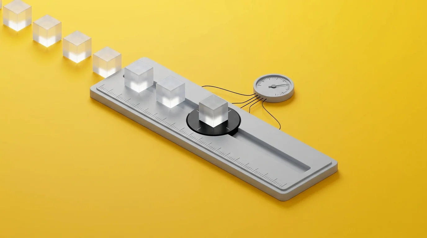 Isometric illustration: glass cubes measured one by one on a calibration track with a gauge