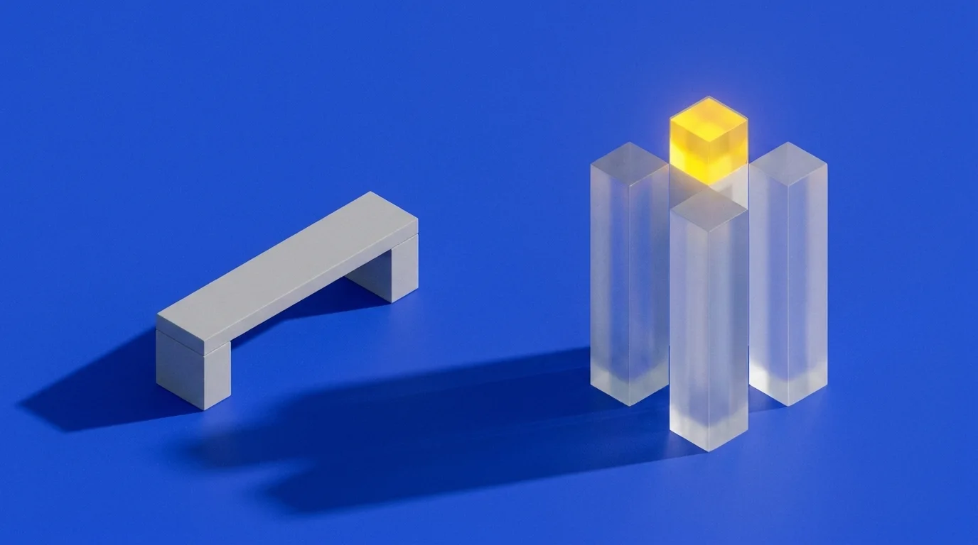 Isometric illustration: an empty bench next to a tight group of glass pillars