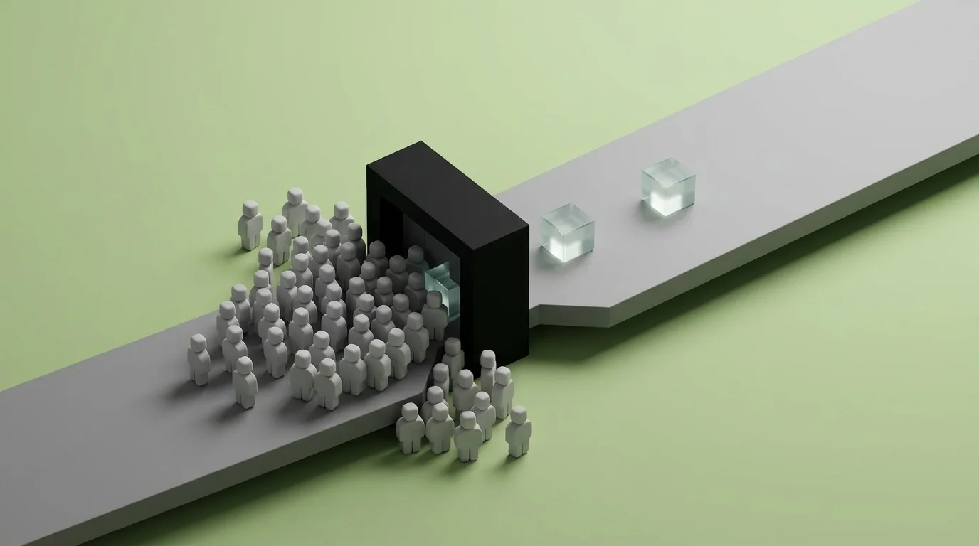 Isometric illustration: a crowd of figures stuck at a narrow gate while only a few packages get through