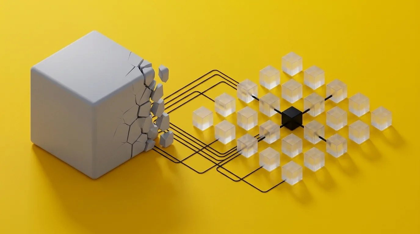 Isometric illustration: a monolith block breaking into small independent service cubes
