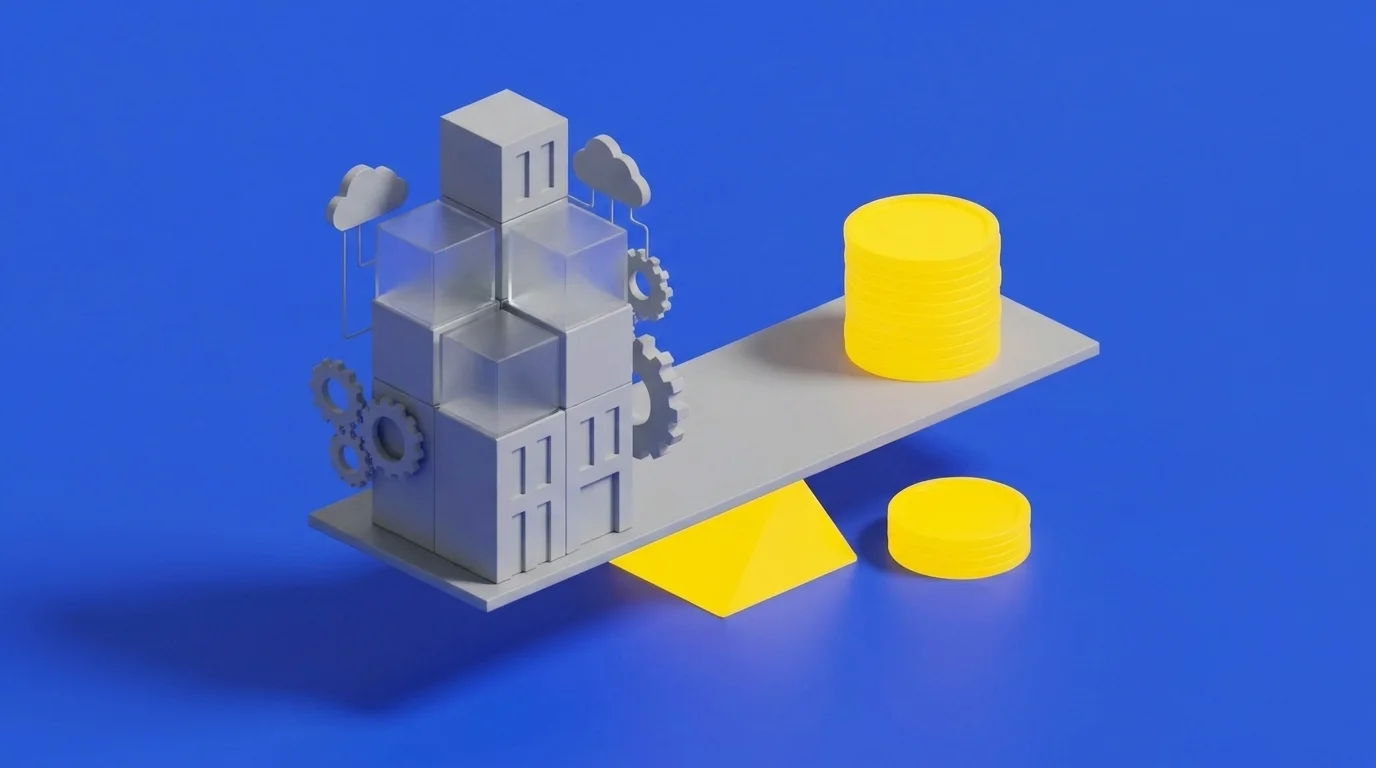 Isometric illustration: a SaaS product built from blocks balanced on a scale against a stack of tokens