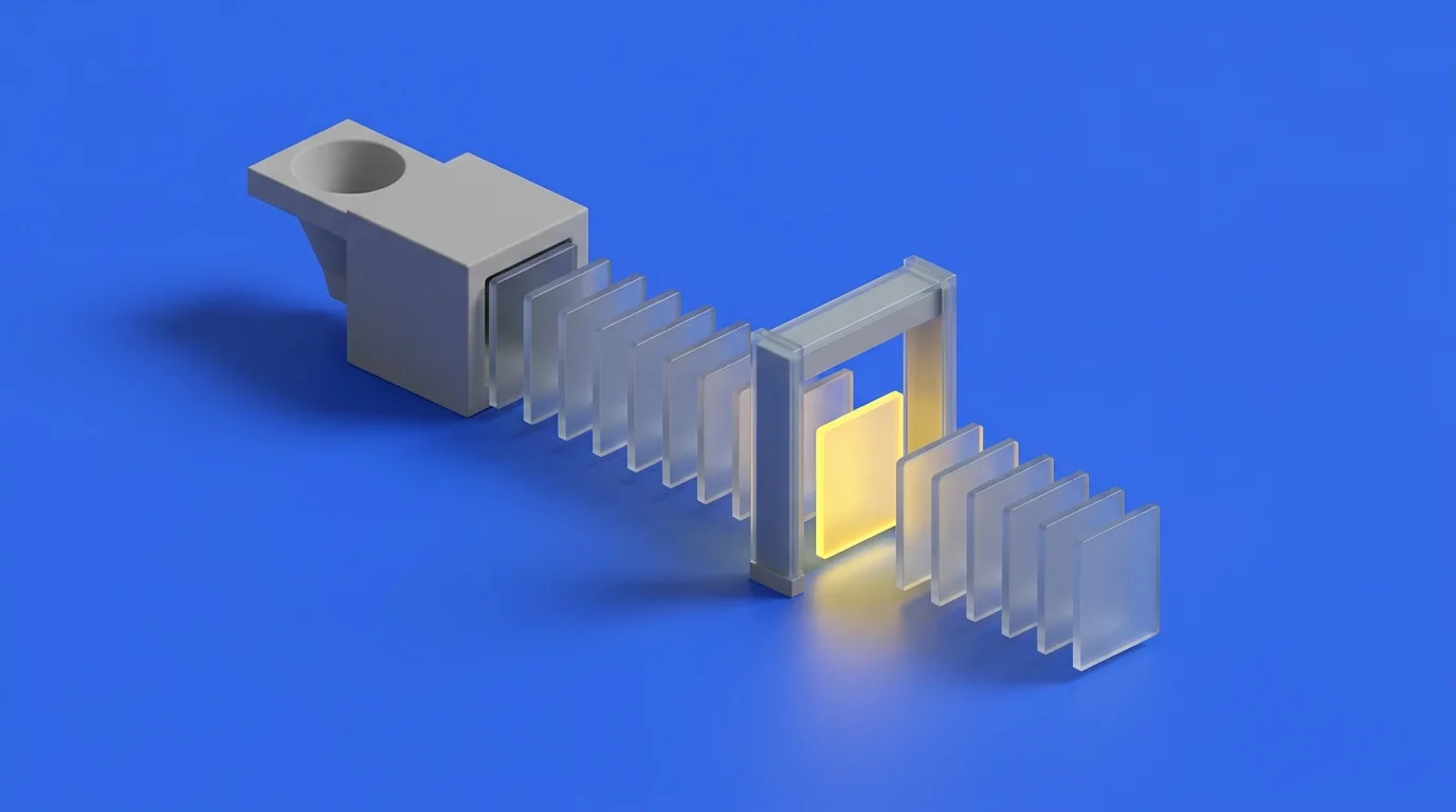 Isometric illustration: a template mold producing glass page tiles that pass through an inspection gate