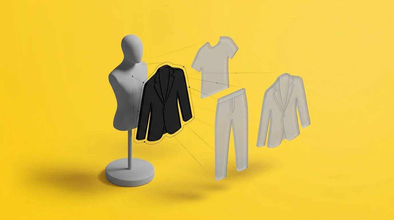 Isometric illustration: a mannequin with glass garment cutouts snapping into place