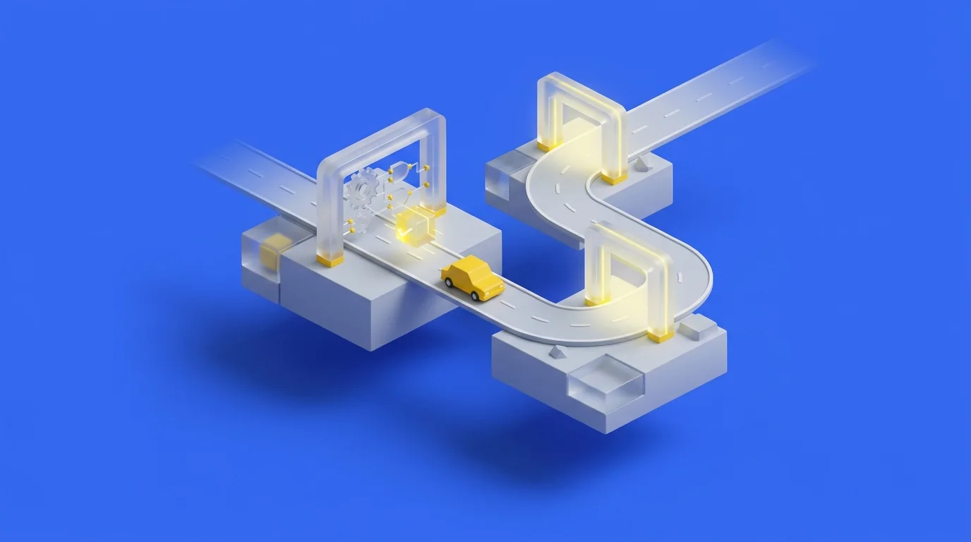 Isometric illustration: a winding road through glass checkpoint frames with a small yellow car