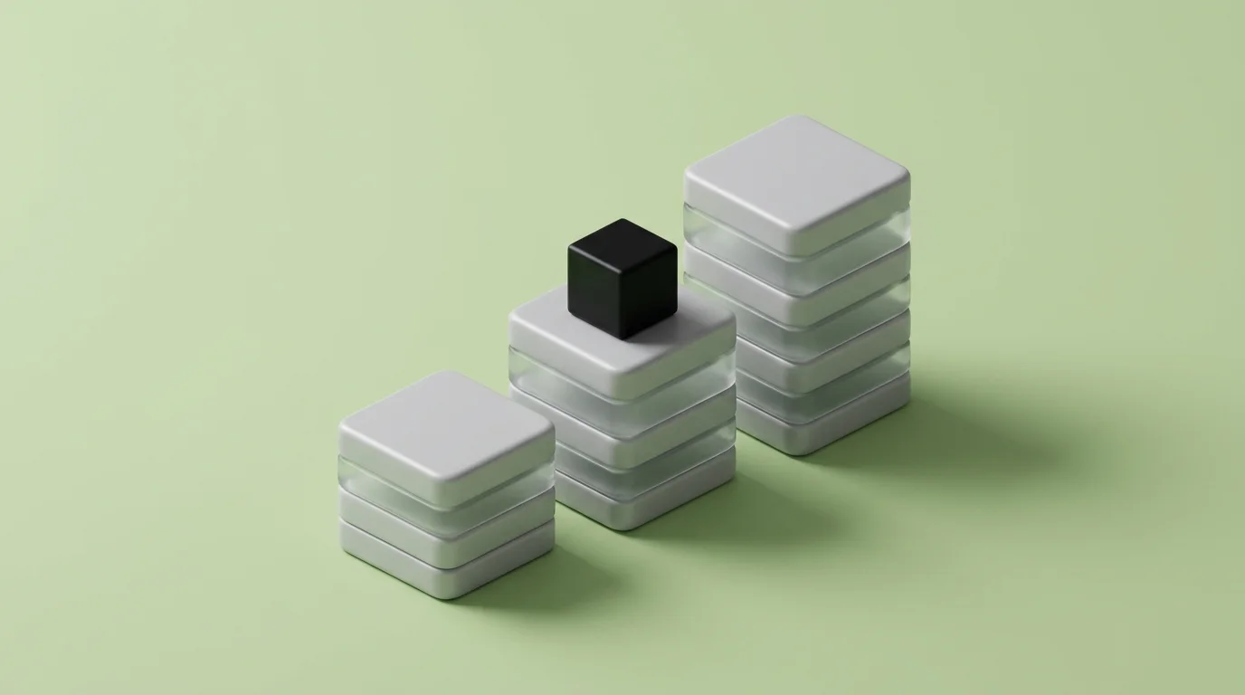 Isometric grey and frosted glass blocks of three heights on a pistachio background