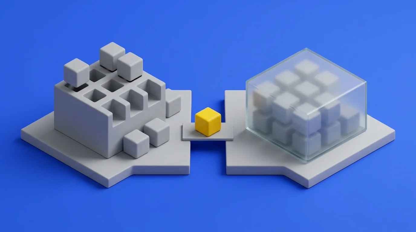 Isometric grey platforms: loose cubes slotting into a block on one side, cubes sealed in a glass box on the other, on a blue background