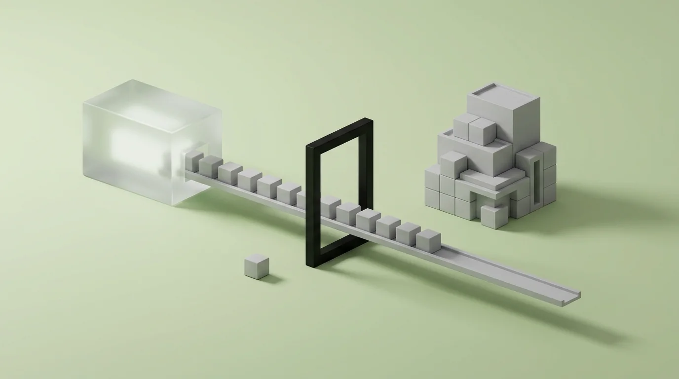 Isometric illustration: a glass AI block sends a row of cubes through a black inspection frame before they join a tidy grey building, one rejected cube aside, on a pistachio background