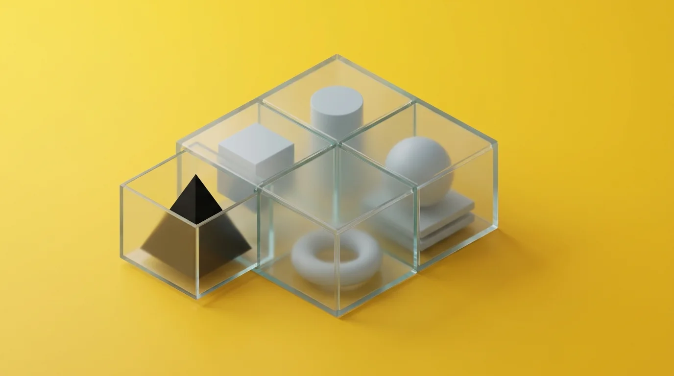 Isometric illustration: one frosted glass block divided into sealed compartments, each holding a grey shape, with one compartment slid out holding a black pyramid, on a yellow background