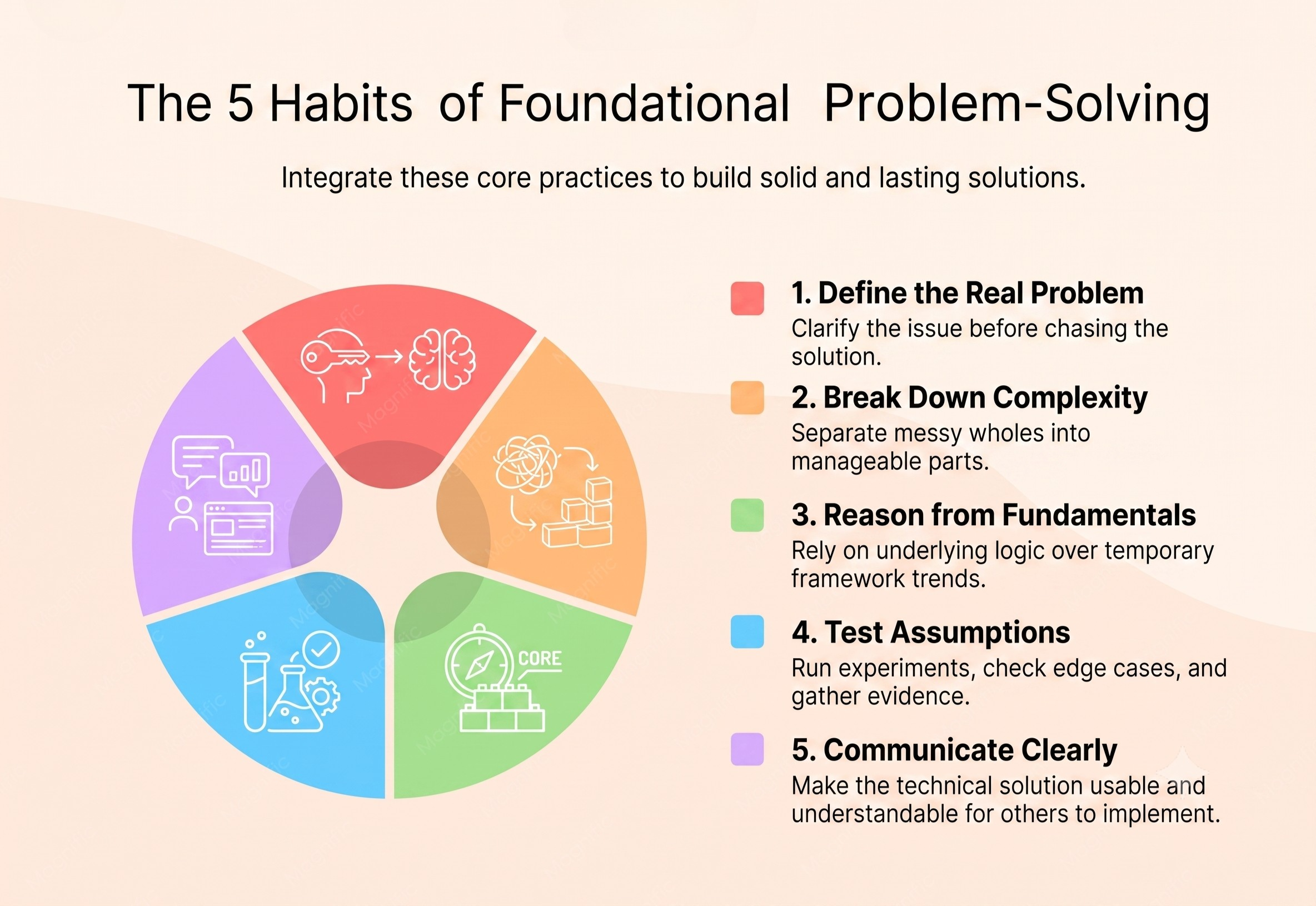 Infographic titled 'The 5 Habits of Foundational Problem-Solving' outlining key steps: Define the Real Problem, Break Down Complexity, Reason from Fundamentals, Test Assumptions, and Communicate Clearly.