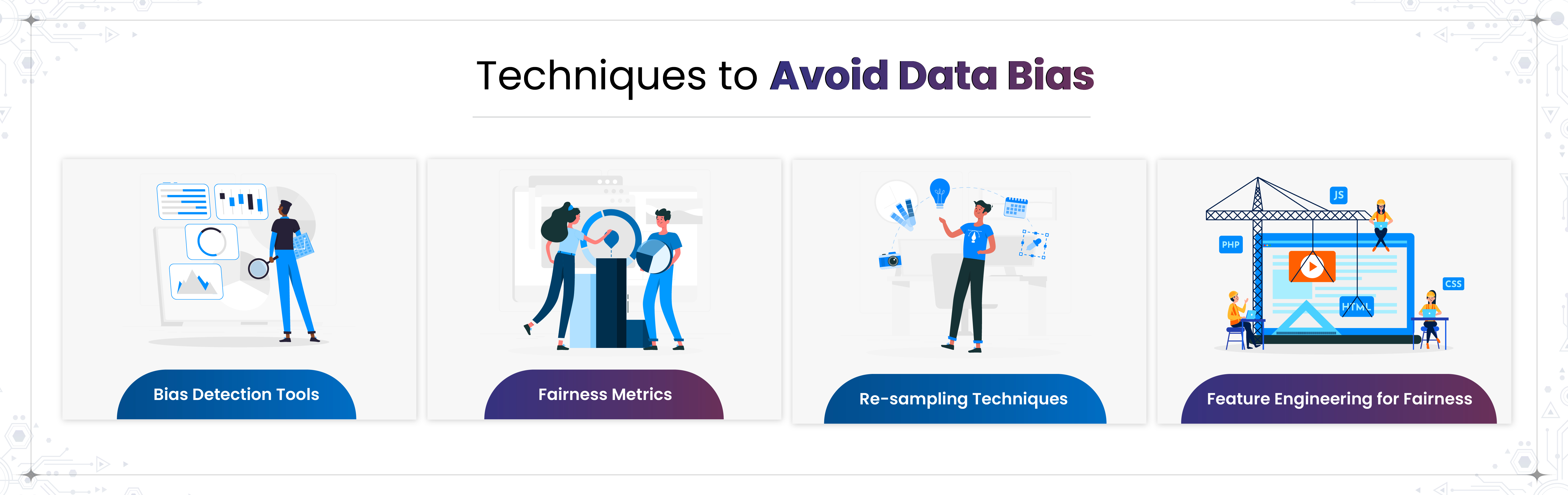 A horizontal diagram illustrating four techniques to mitigate data bias in machine learning. From left to right: "Bias Detection Tools" shown with a person analyzing data charts; "Fairness Metrics" with two figures interacting with data visualizers; "Re-sampling Techniques" showing a person working with design elements; and "Feature Engineering for Fairness" showing a web interface construction scene with developers.