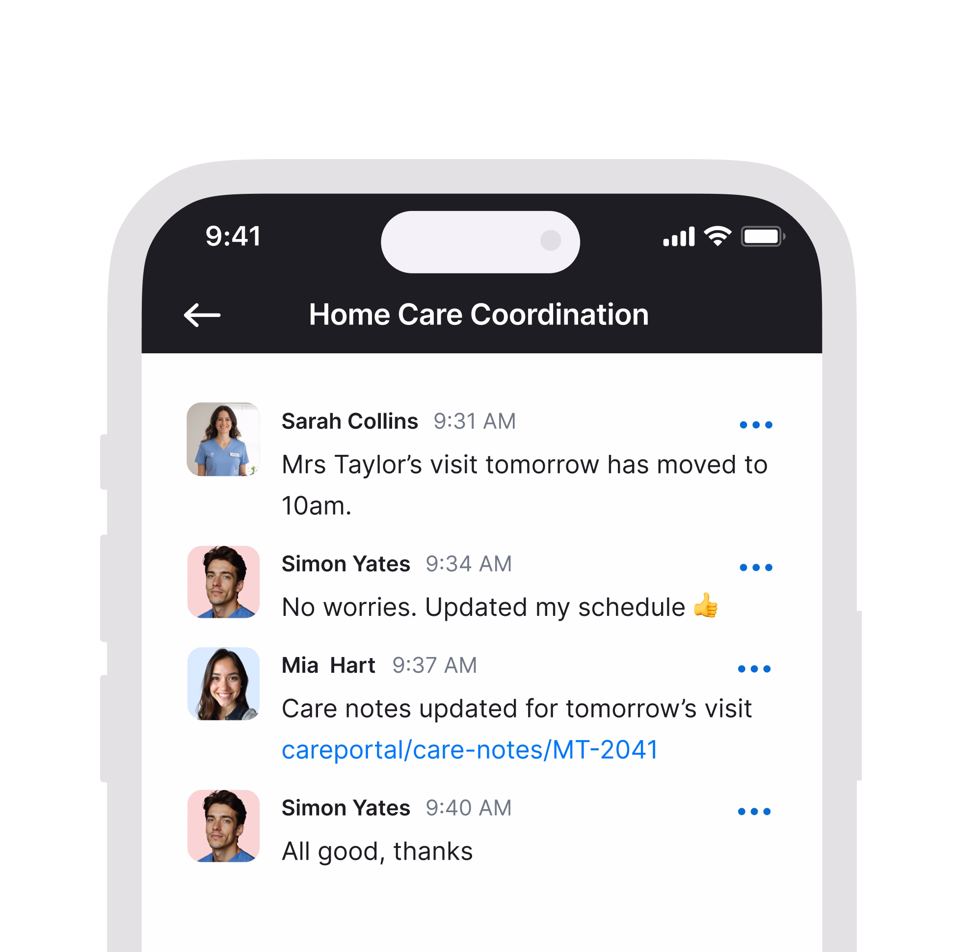 Healthcare communication dashboard helping teams stay connected across shifts and devices.