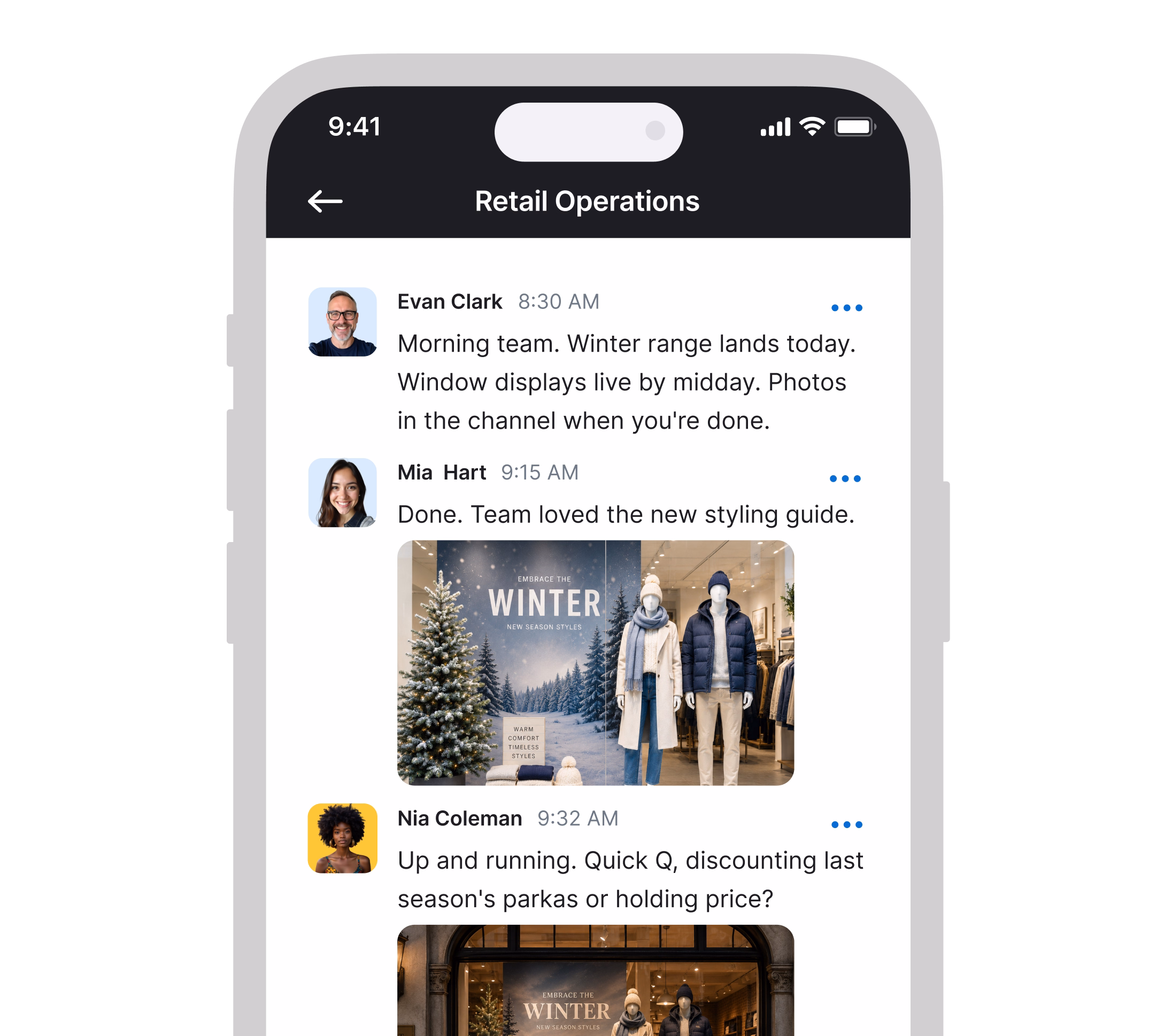 Retail workforce communication dashboard connecting store, online, and distribution teams.