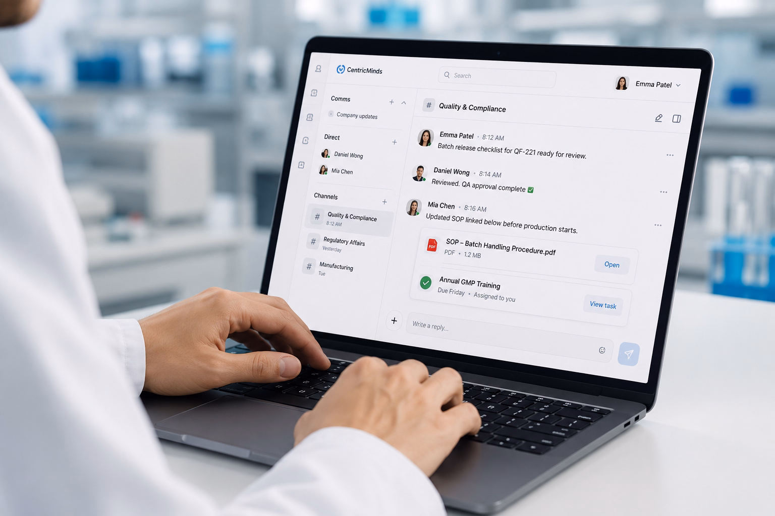 Pharmaceutical workflow interface supporting compliance, approvals, and team collaboration.