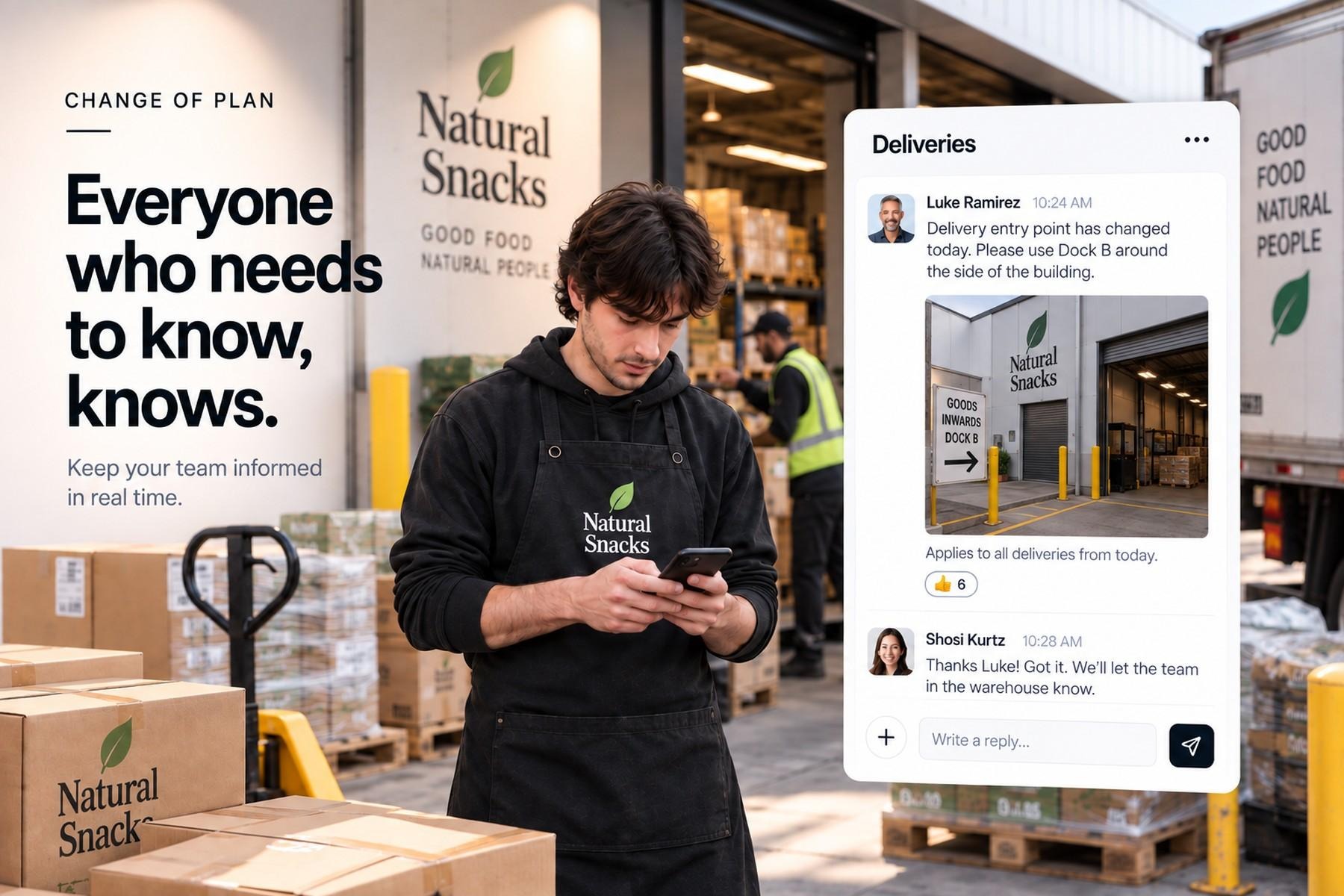 A supervisor posts a delivery route change with a photo to the Deliveries channel. The team sees it on their phones.