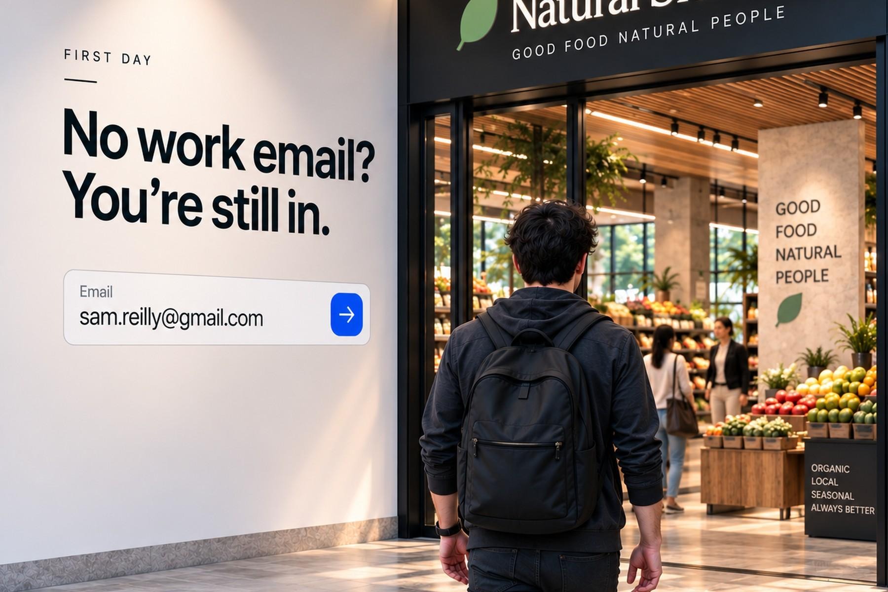 A new casual employee joins Work Chat using his personal Gmail address. No company email needed.