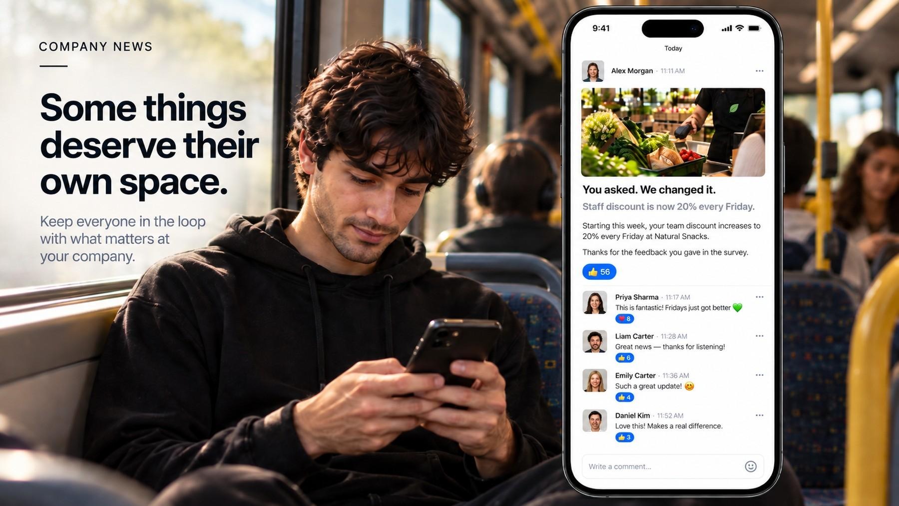 A company update posted in Work Chat, read on a phone during a commute.