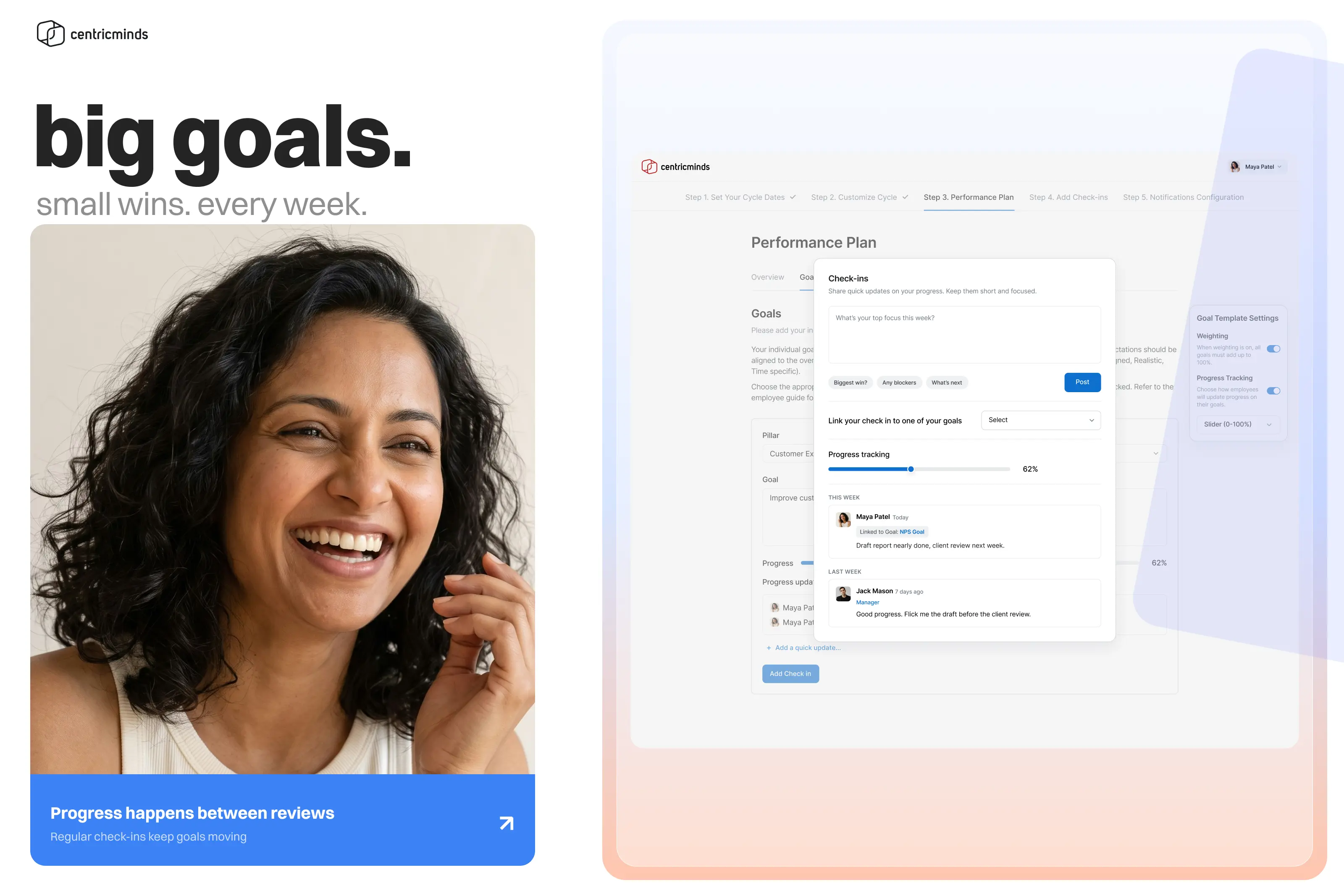 CentricMinds Performance Management check-in screen showing a weekly update linked to a goal, progress at 62%, and an employee and manager comment in the same feed.
